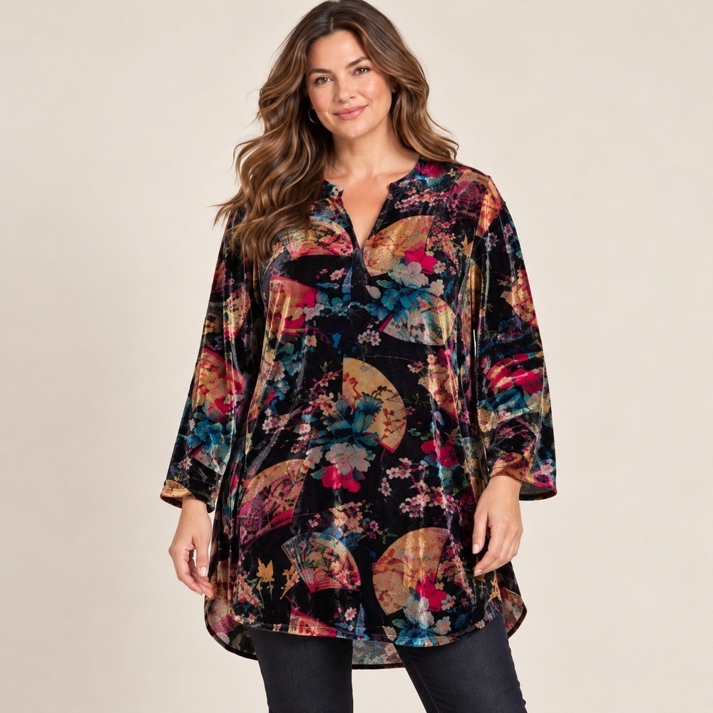 Johnny Was Tunic Fusai Velvet Fan Floral Print Silk Blend Boho L Large